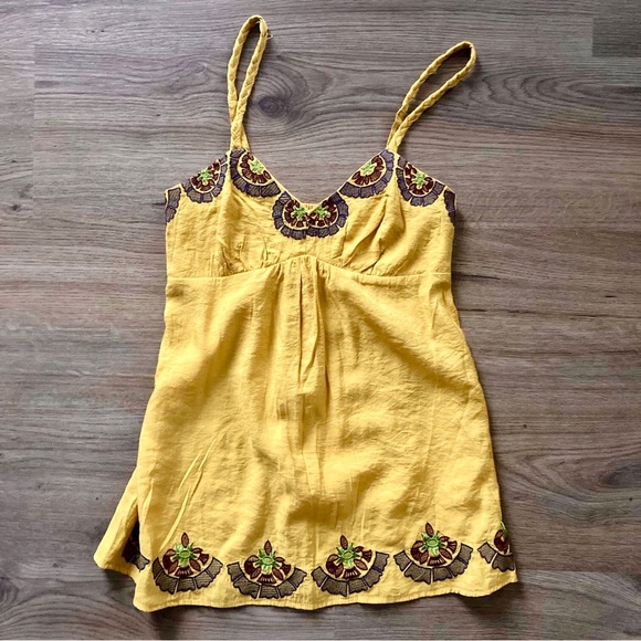 mine Tops - Gold Embroidered Floral Camisole Blouse Top Size S Bohemian Skinny Strap